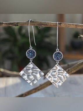 Sterling Silver Hammered Square Drop Earrings with Blue Druzy Accents